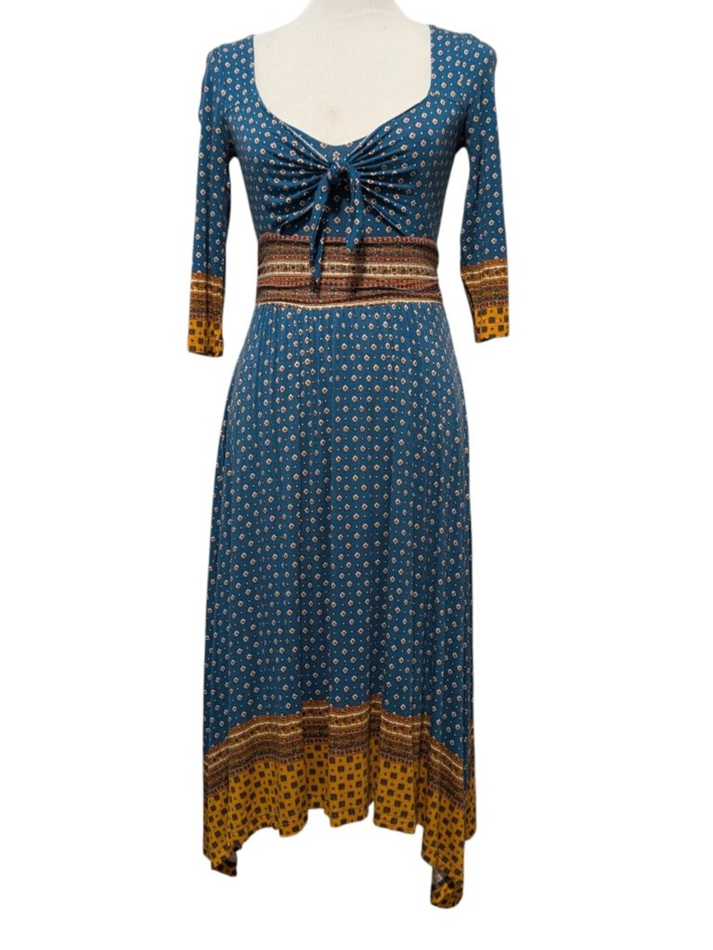 Maeve Anthropologie Sz XS Beloved Teal Blue Gold Tie Bust Asymmetric Hem Dress